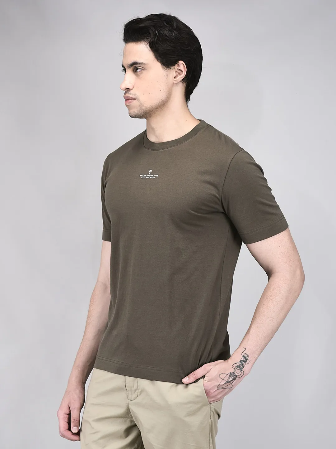 Men Olive Cotton Single Jersey Round Neck T-Shirt - Thumbnail 2