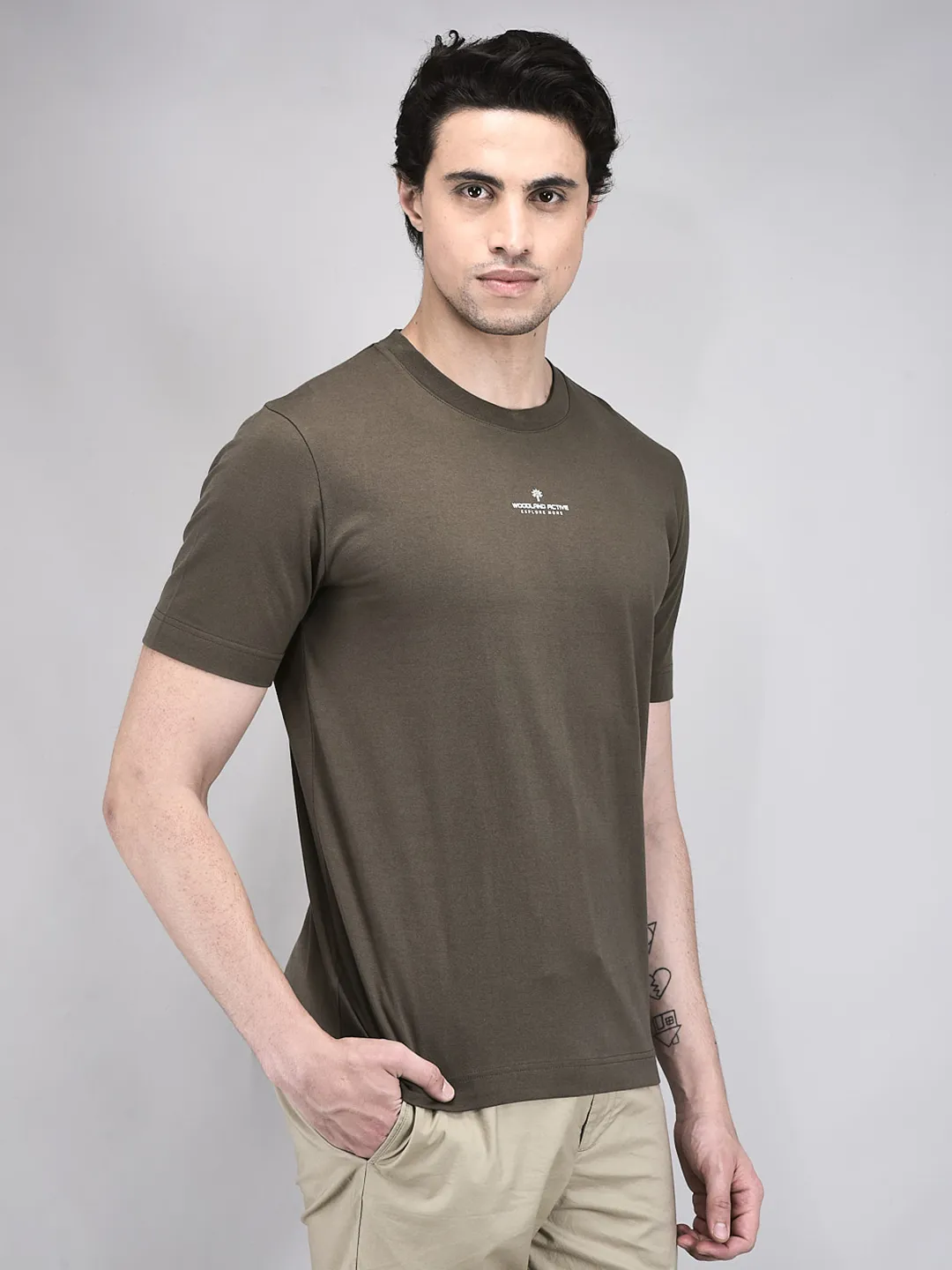 Men Olive Cotton Single Jersey Round Neck T-Shirt - Thumbnail 3