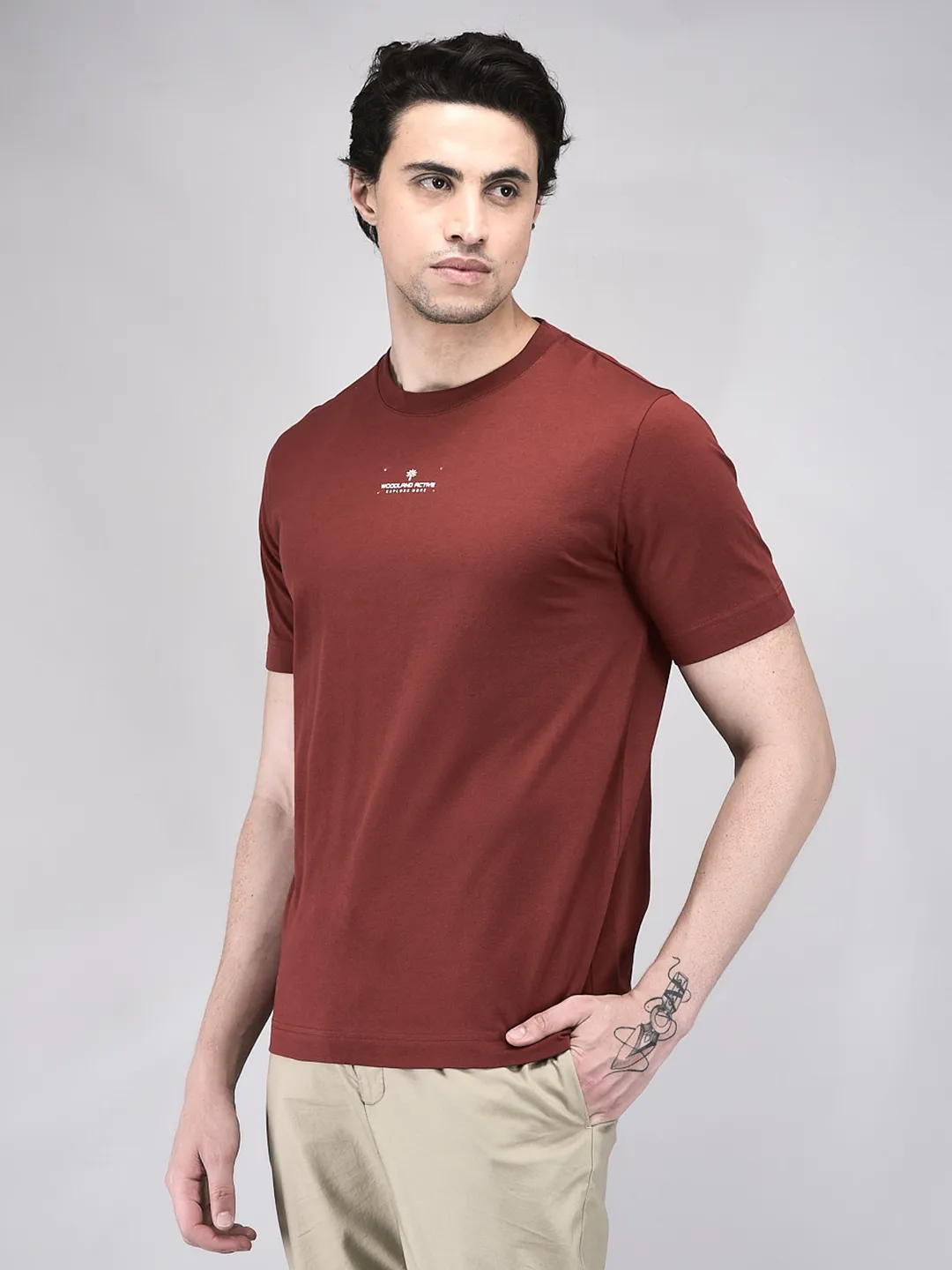 Men Wine Cotton Single Jersey Round Neck T-Shirt - Thumbnail 2