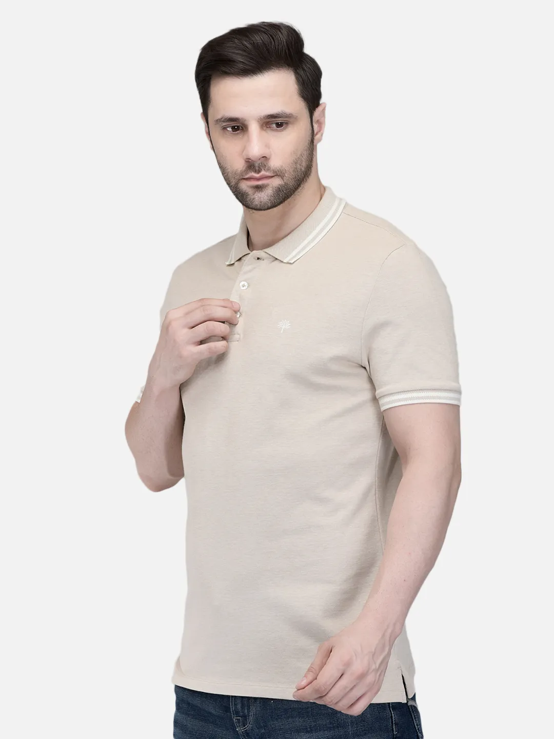 Khaki Cotton Spandex Polo Tshirt - Thumbnail 2
