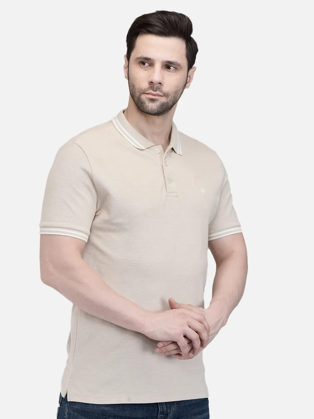 Khaki Cotton Spandex Polo Tshirt - Thumbnail 3
