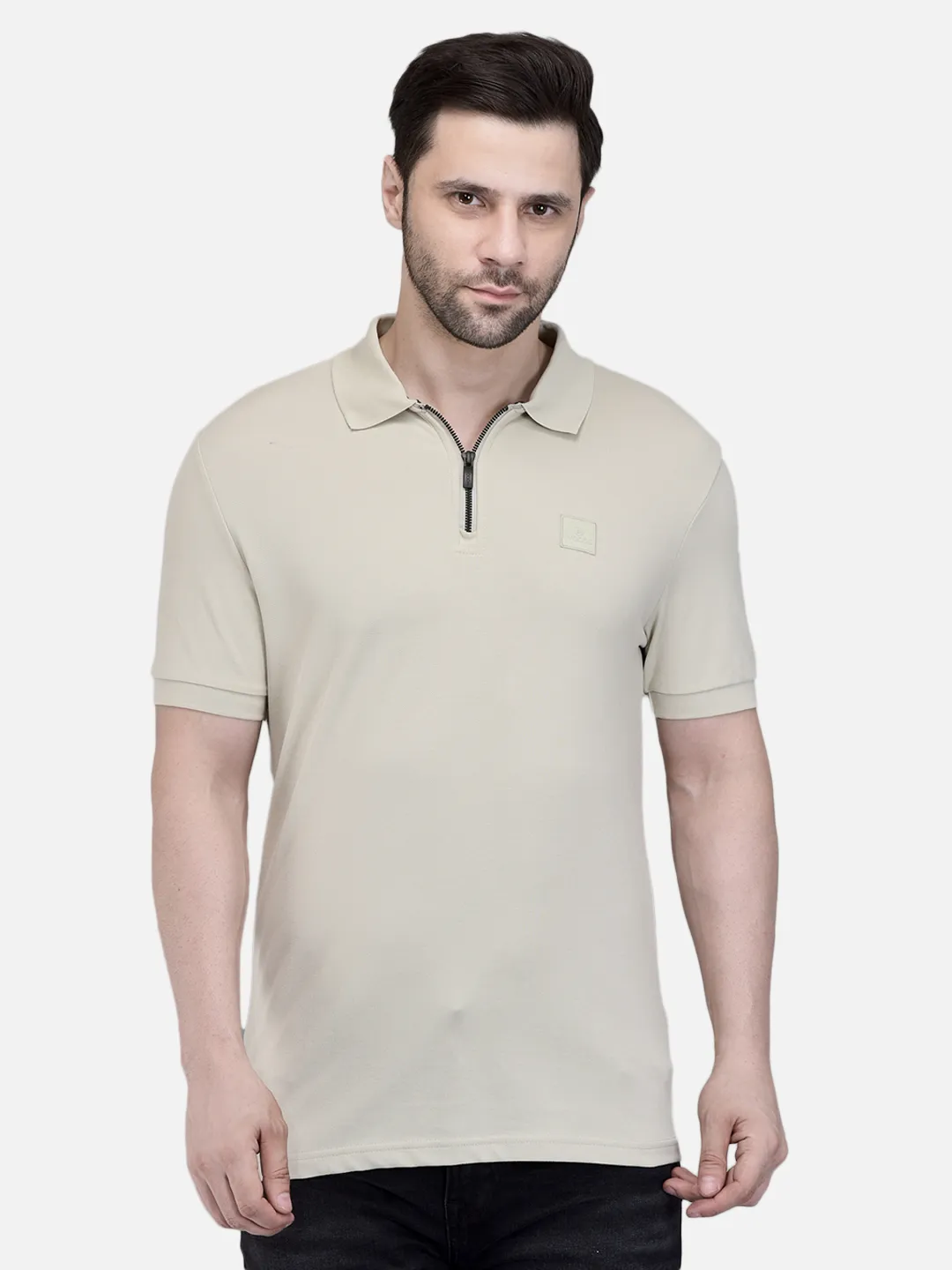 woods-men-beige-cotton-elastane-half-zip-polo-t-shirt