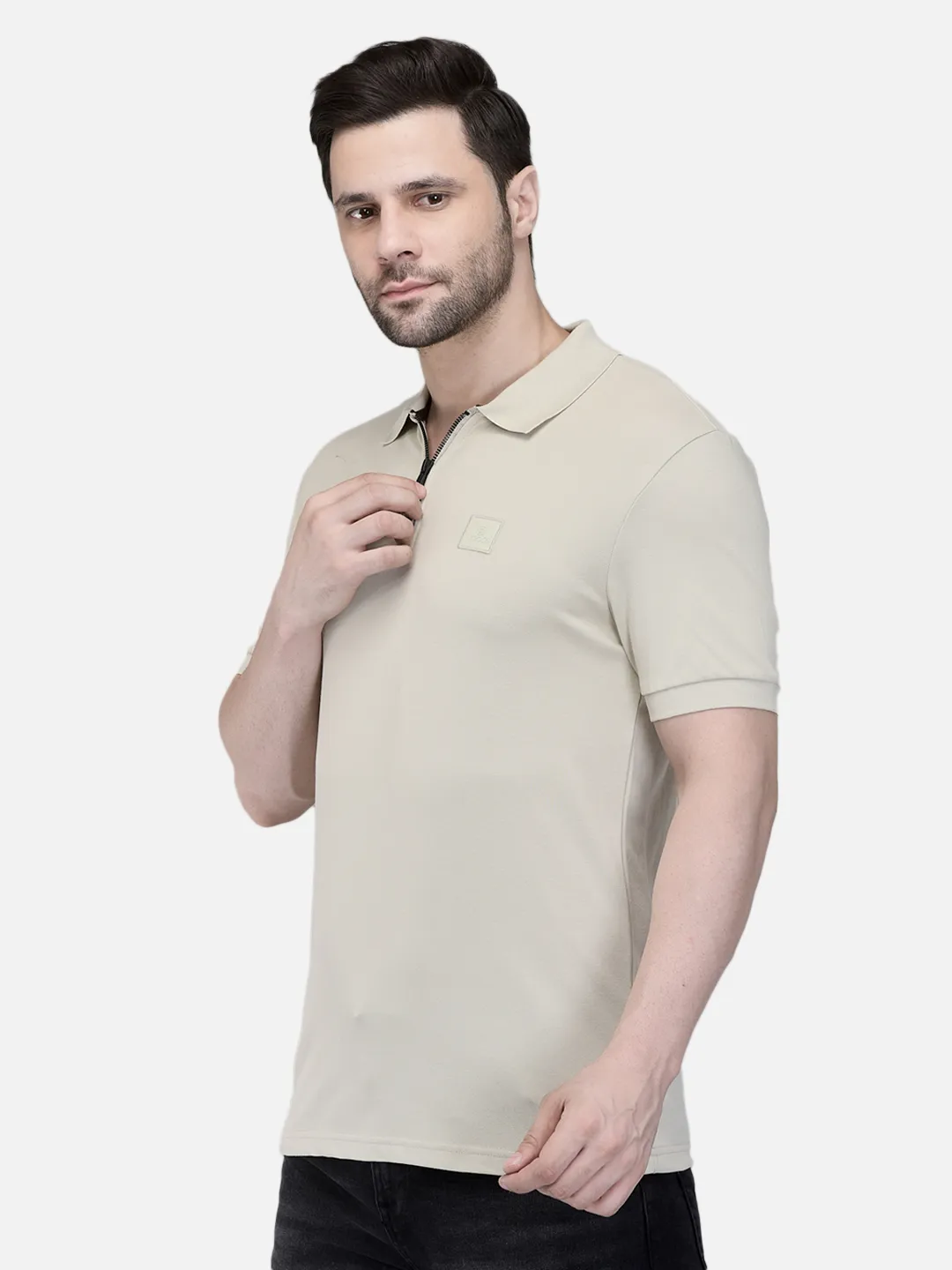 Woods Men Beige Cotton Elastane Half-Zip Polo T-Shirt - Thumbnail 2