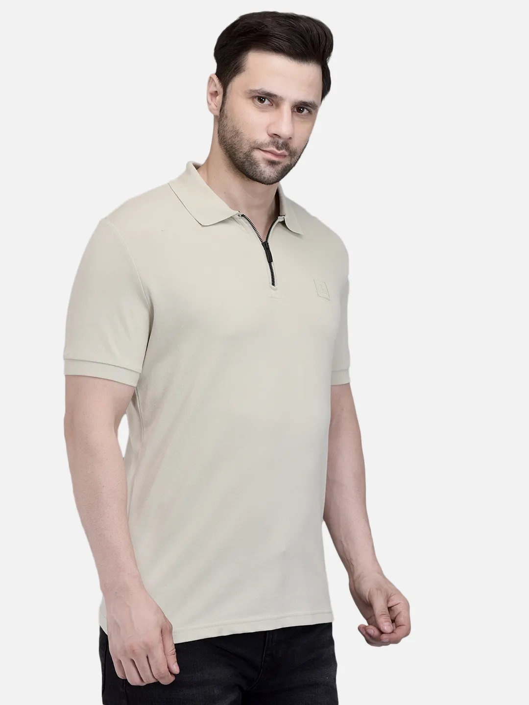 Woods Men Beige Cotton Elastane Half-Zip Polo T-Shirt - Thumbnail 3