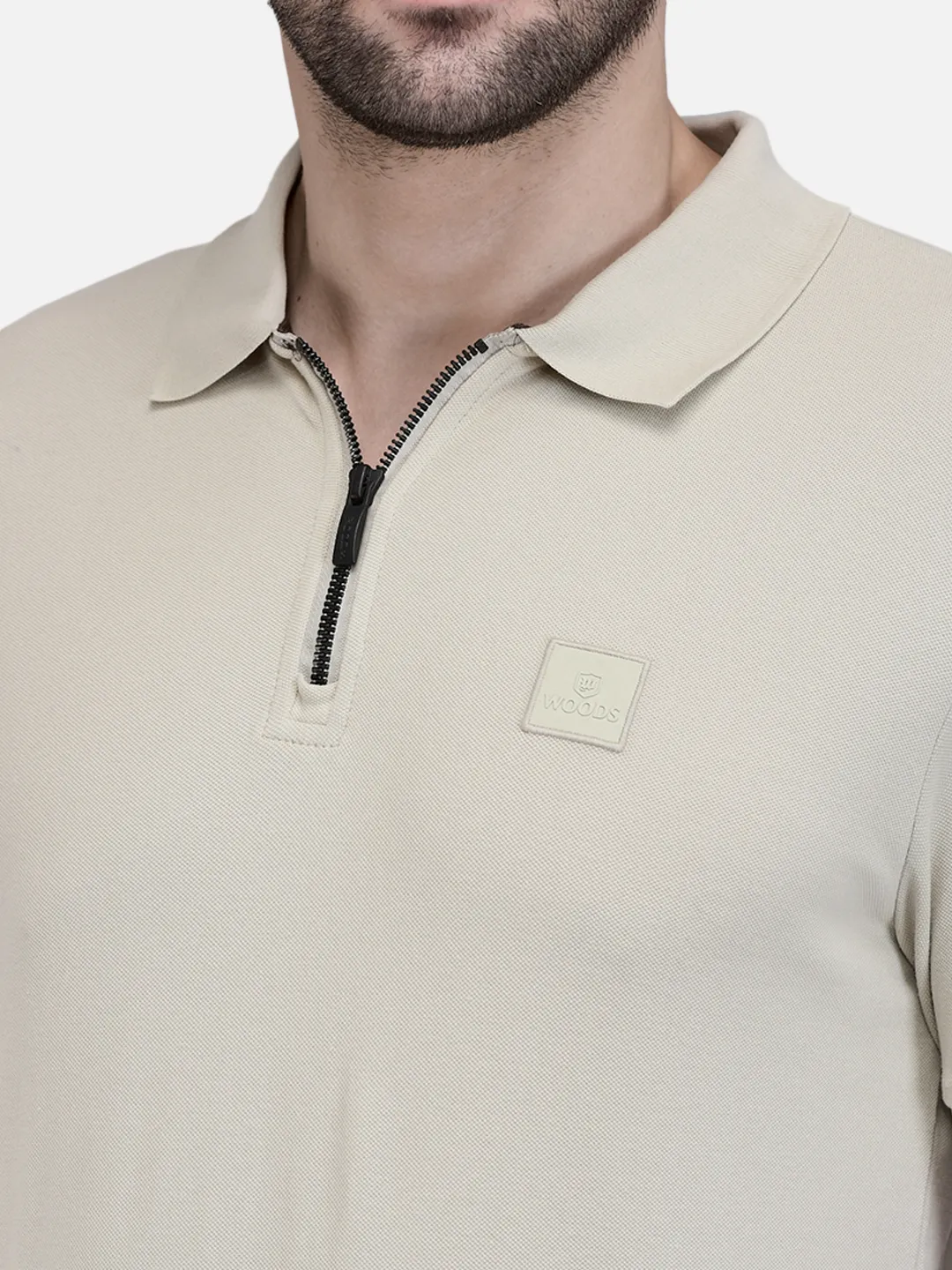 Woods Men Beige Cotton Elastane Half-Zip Polo T-Shirt - Thumbnail 4