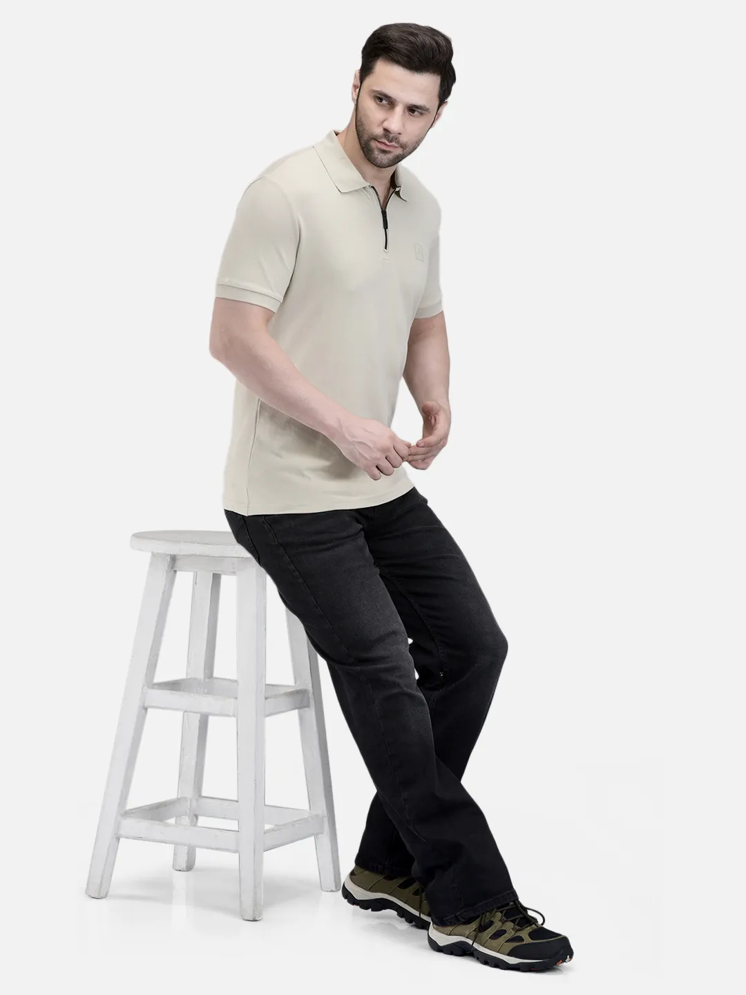 Woods Men Beige Cotton Elastane Half-Zip Polo T-Shirt - Thumbnail 7