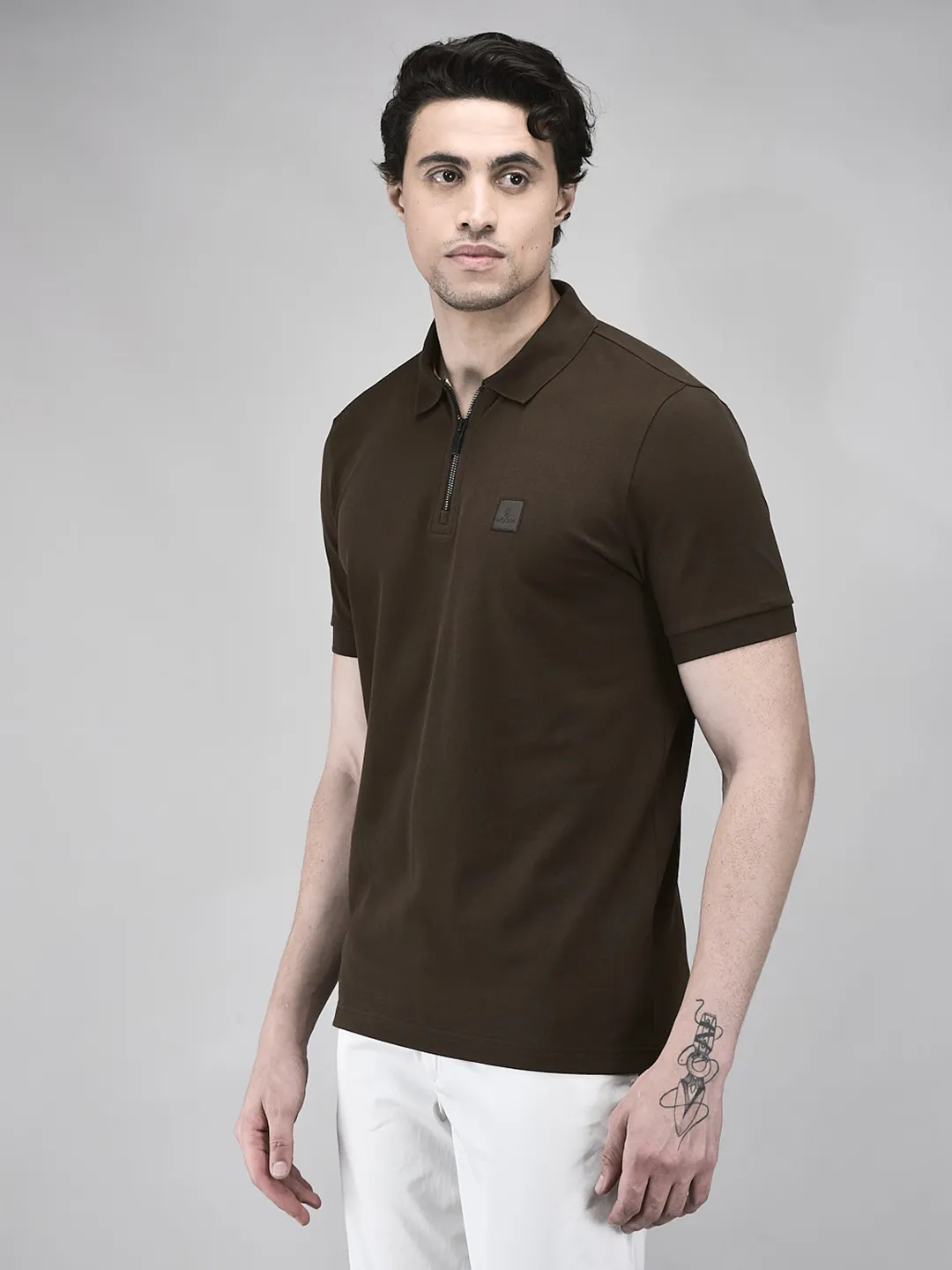 Woods Men Brown Cotton Elastane Half-Zip Polo T-Shirt - Thumbnail 2
