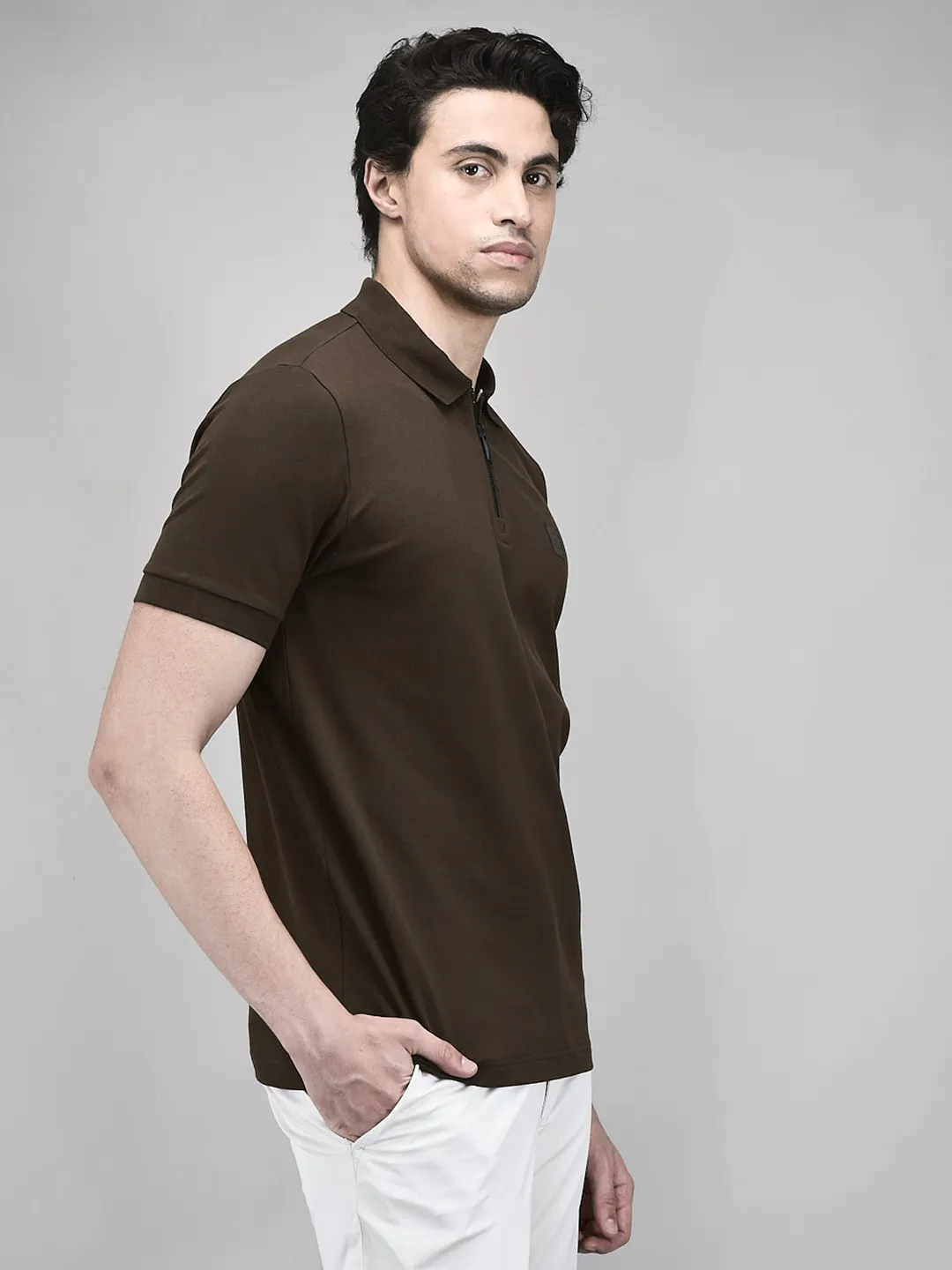 Woods Men Brown Cotton Elastane Half-Zip Polo T-Shirt - Thumbnail 3