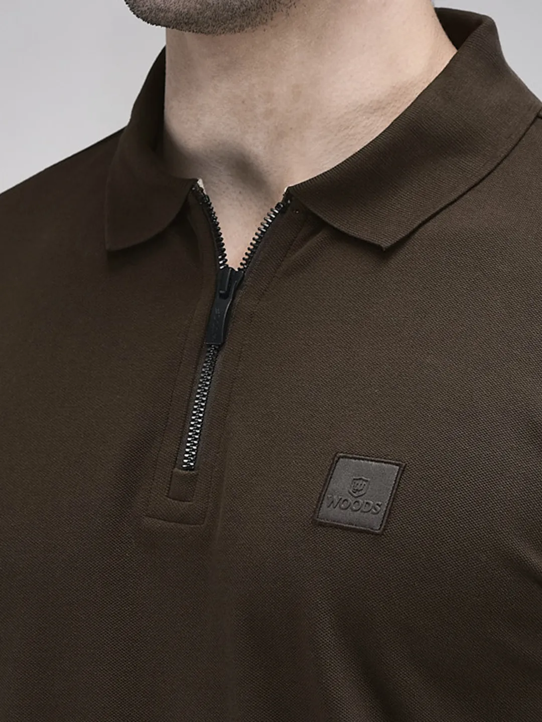 Woods Men Brown Cotton Elastane Half-Zip Polo T-Shirt - Thumbnail 4
