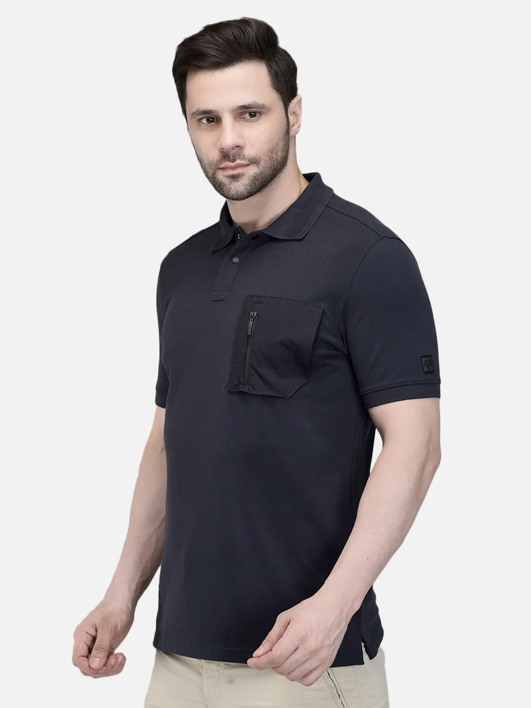 Woodland Men Navy Cotton Polo T-Shirt with Textured Collar 2