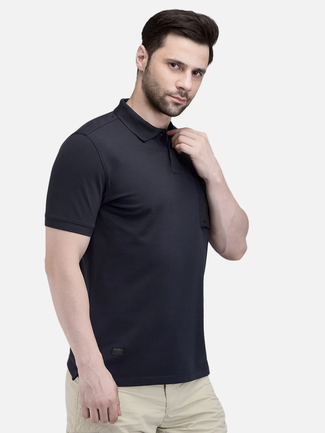 Woodland Men Navy Cotton Polo T-Shirt with Textured Collar 3