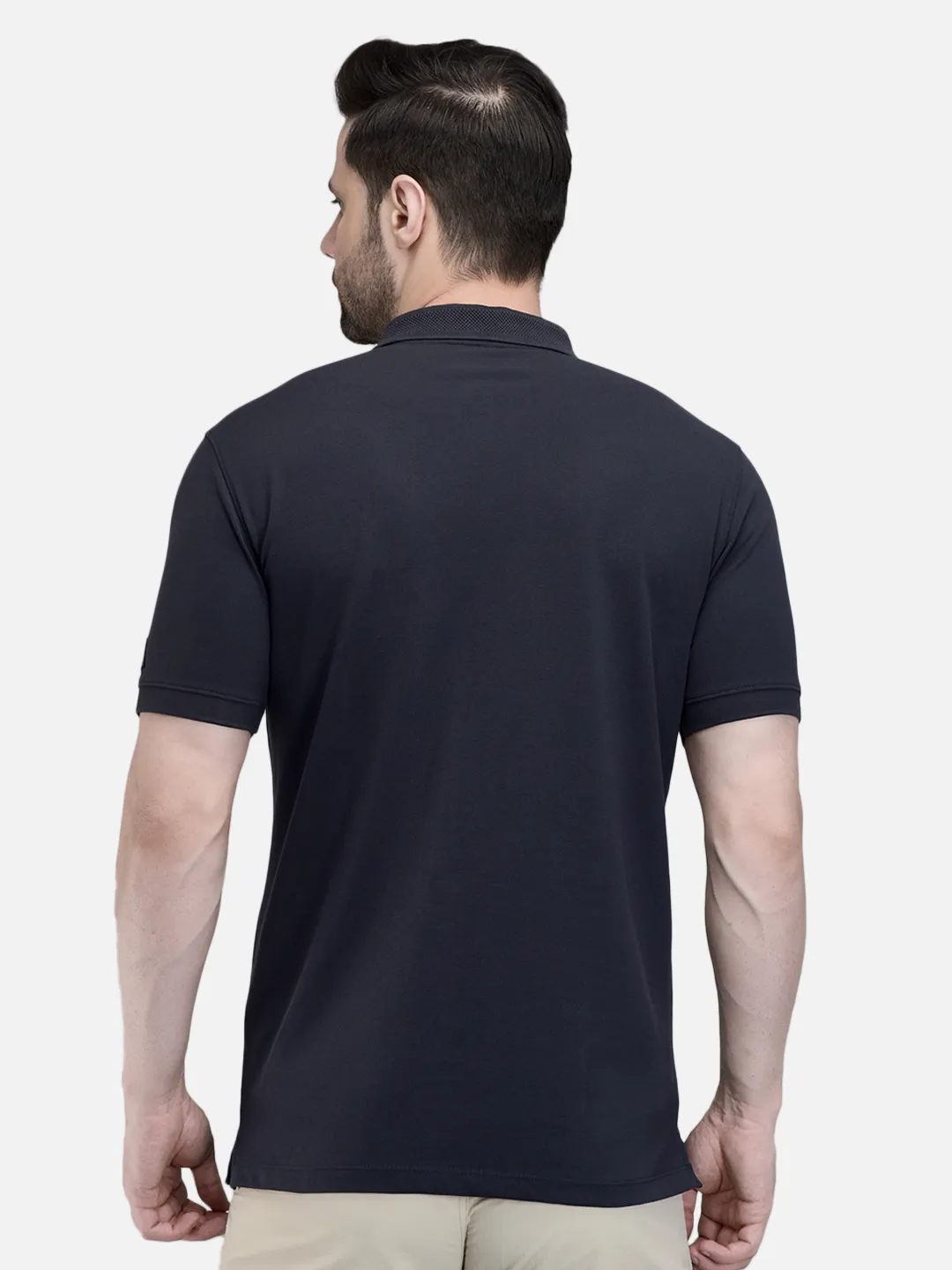 Woodland Men Navy Cotton Polo T-Shirt with Textured Collar 6