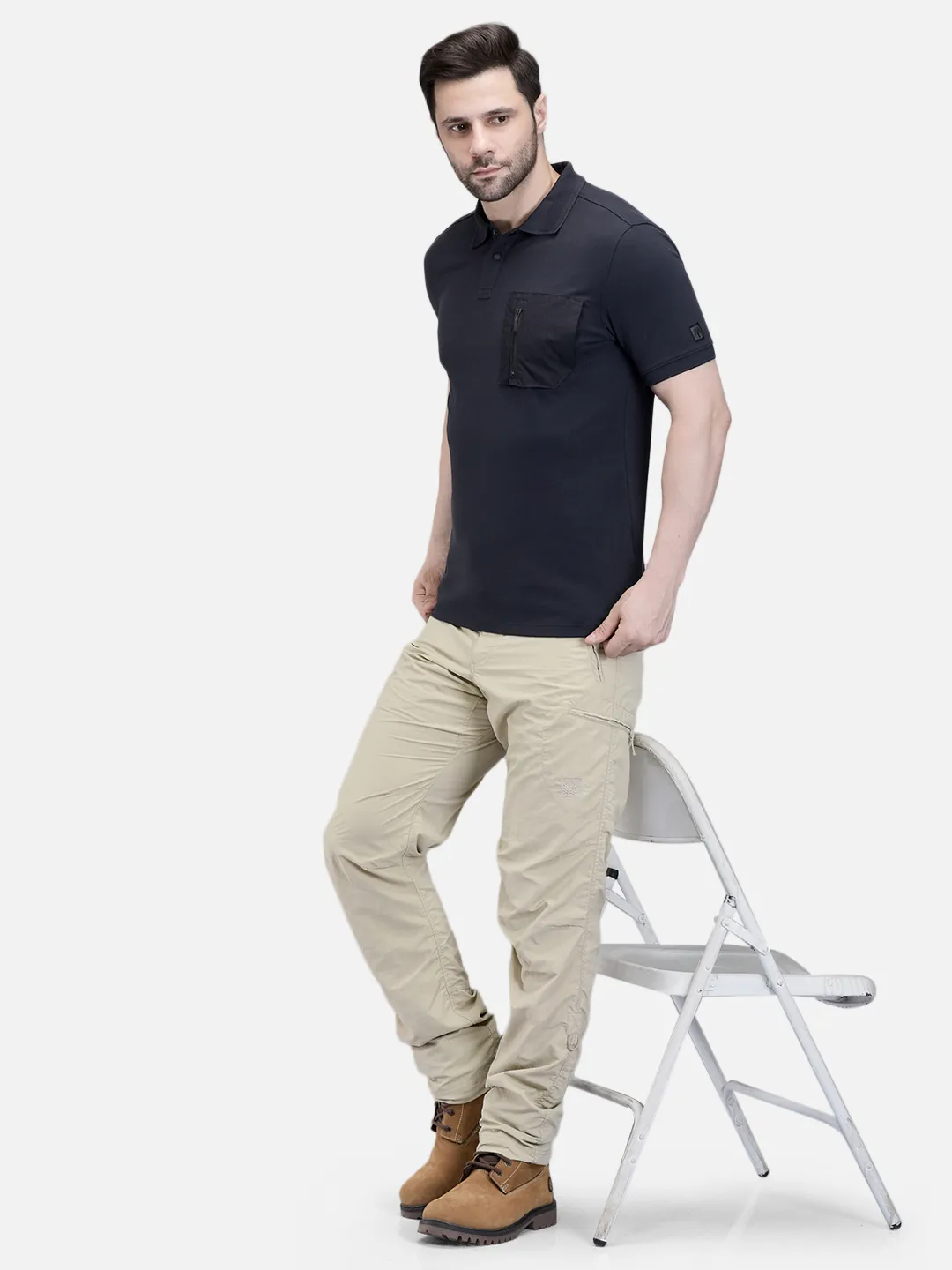 Woodland Men Navy Cotton Polo T-Shirt with Textured Collar 7