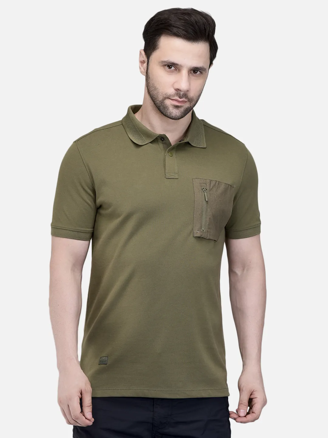 Woodland Men Olive Cotton Polo T-Shirt with Textured Collar