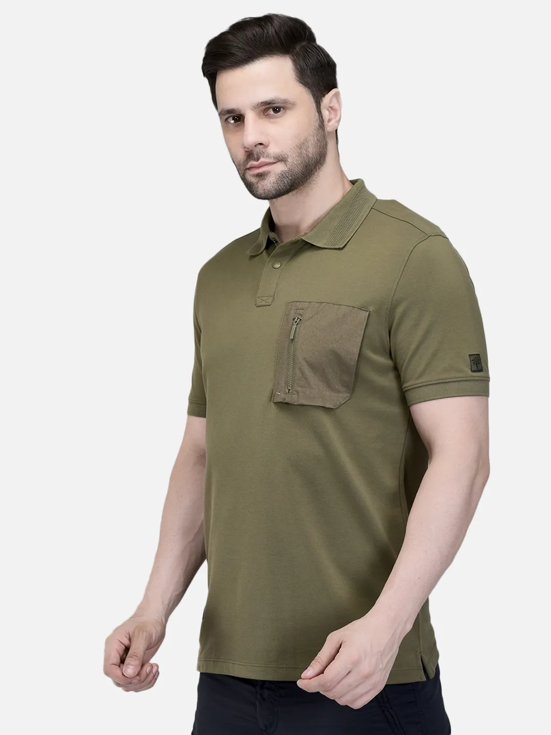 Woodland Men Olive Cotton Polo T-Shirt with Textured Collar 2