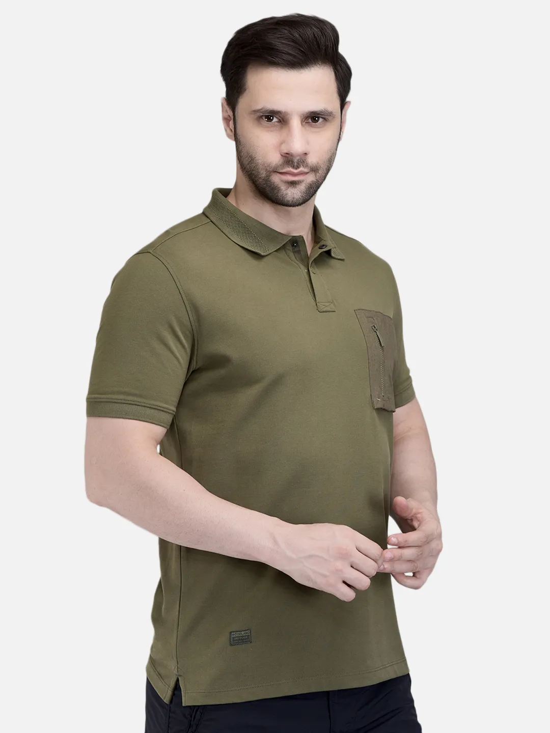 Woodland Men Olive Cotton Polo T-Shirt with Textured Collar 3