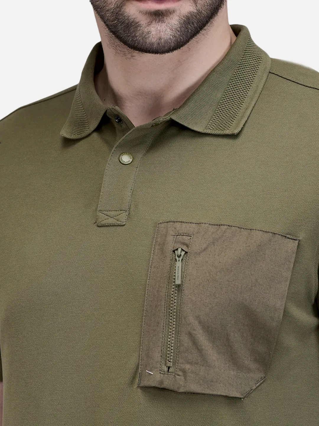 Woodland Men Olive Cotton Polo T-Shirt with Textured Collar 4