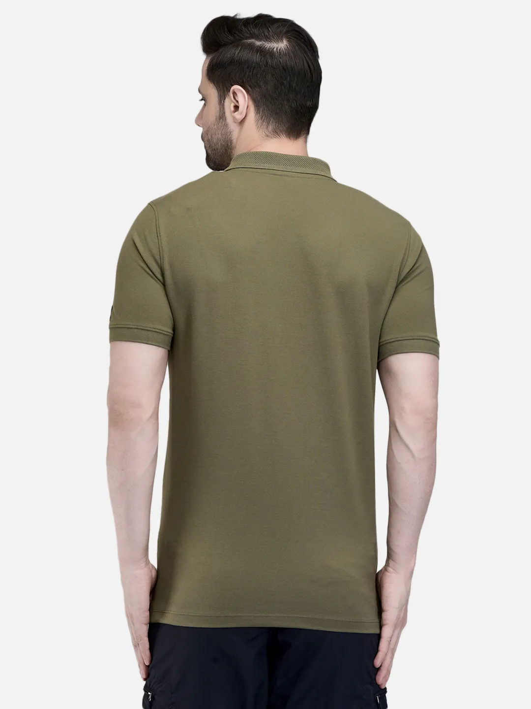 Woodland Men Olive Cotton Polo T-Shirt with Textured Collar 6