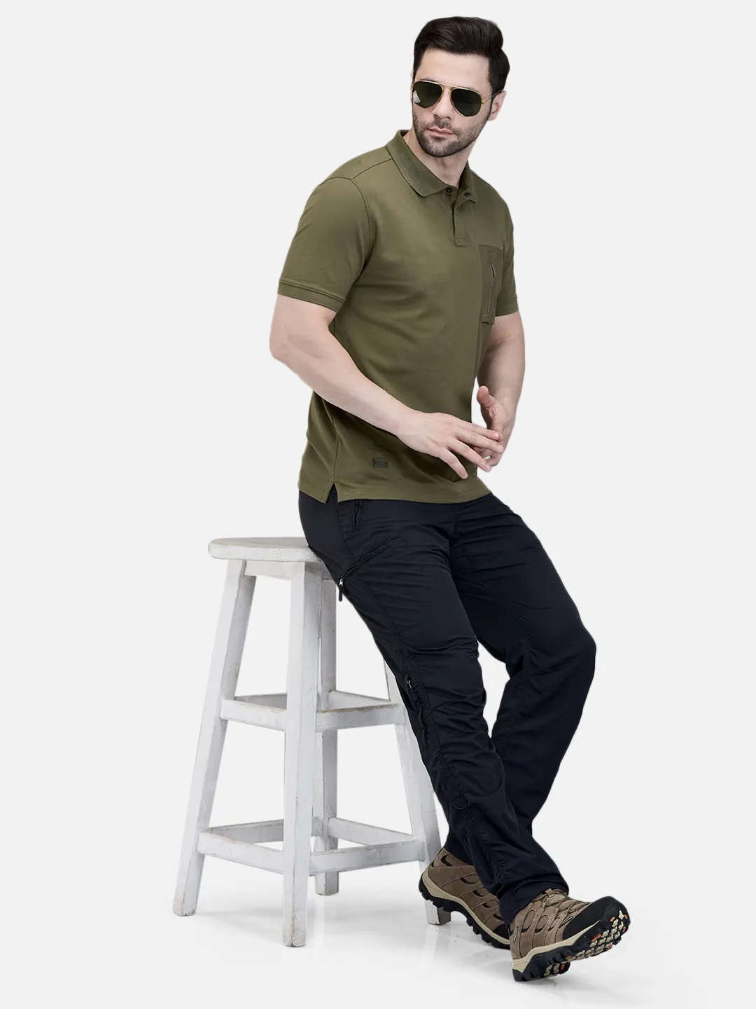 Woodland Men Olive Cotton Polo T-Shirt with Textured Collar 7
