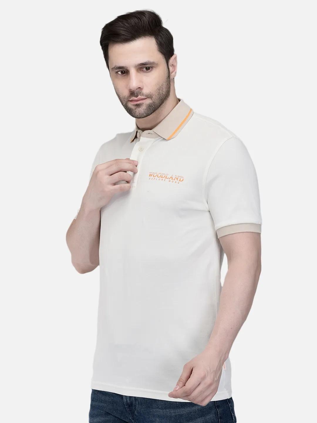 Woodland Men Ecru Cotton Polo T-Shirt with Contrast Collar 2