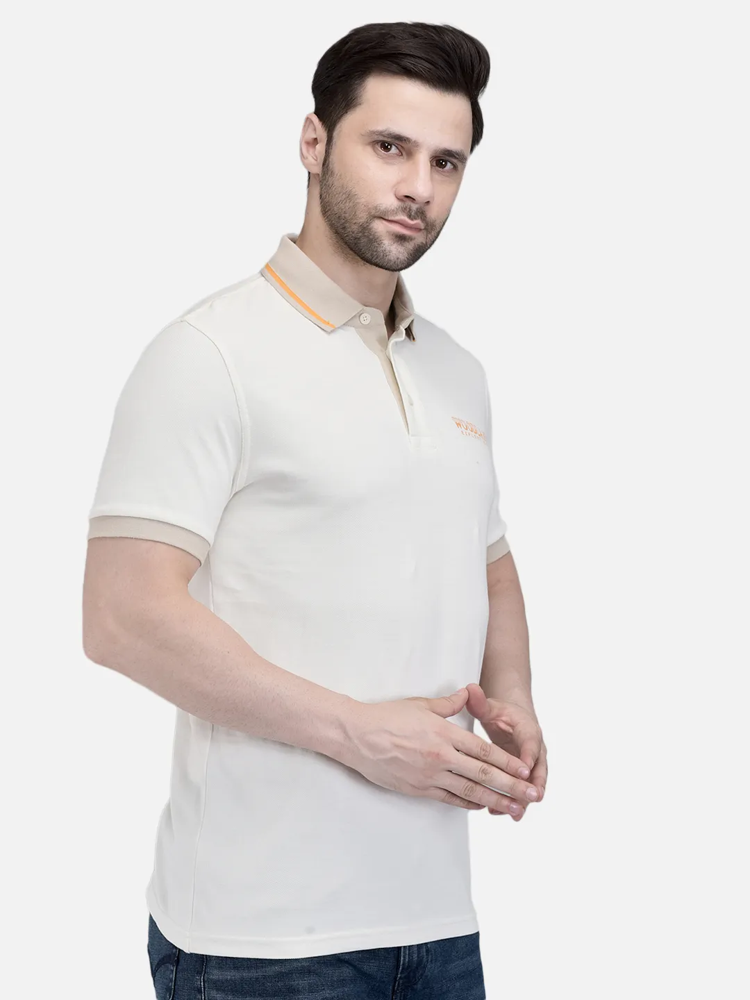 Woodland Men Ecru Cotton Polo T-Shirt with Contrast Collar 3