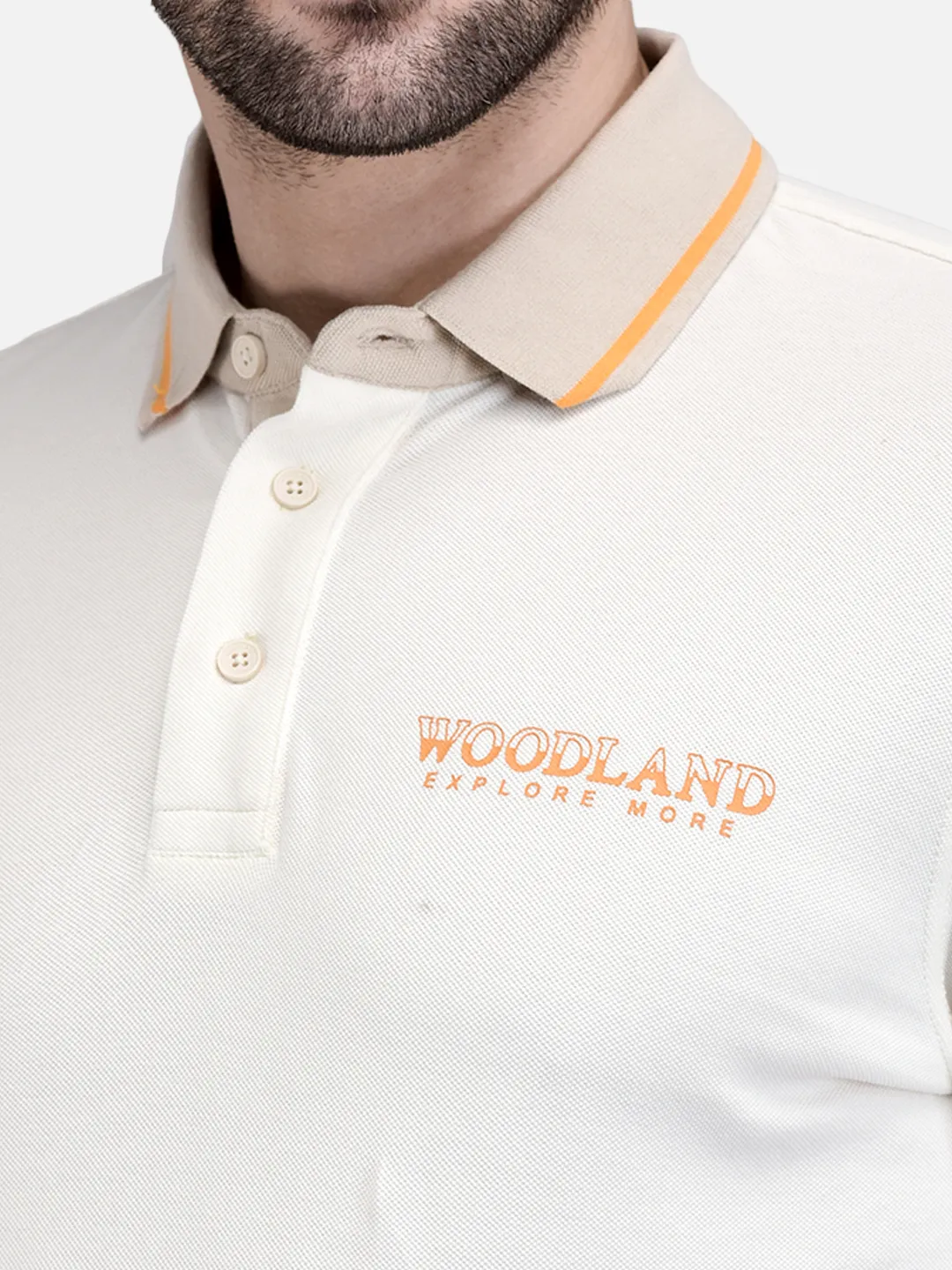 Woodland Men Ecru Cotton Polo T-Shirt with Contrast Collar 4