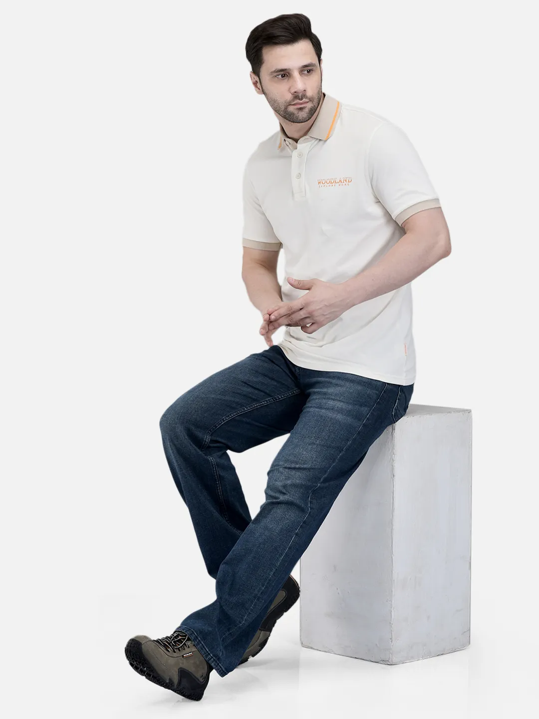 Woodland Men Ecru Cotton Polo T-Shirt with Contrast Collar 7