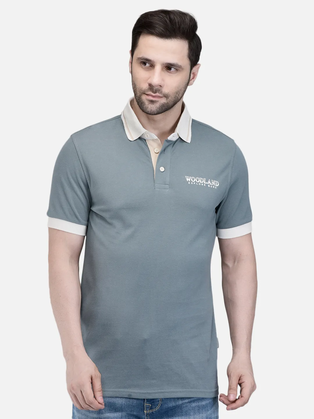 Woodland Men Grey Cotton Polo T-Shirt with Contrast Collar