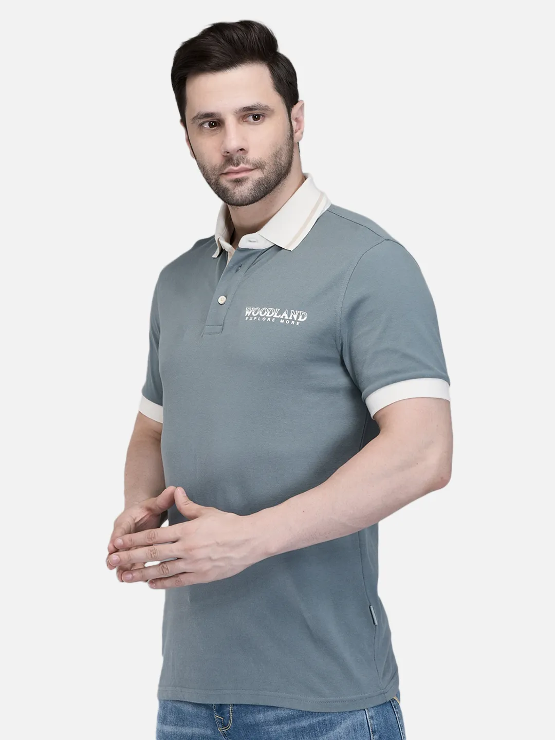 Woodland Men Grey Cotton Polo T-Shirt with Contrast Collar 2