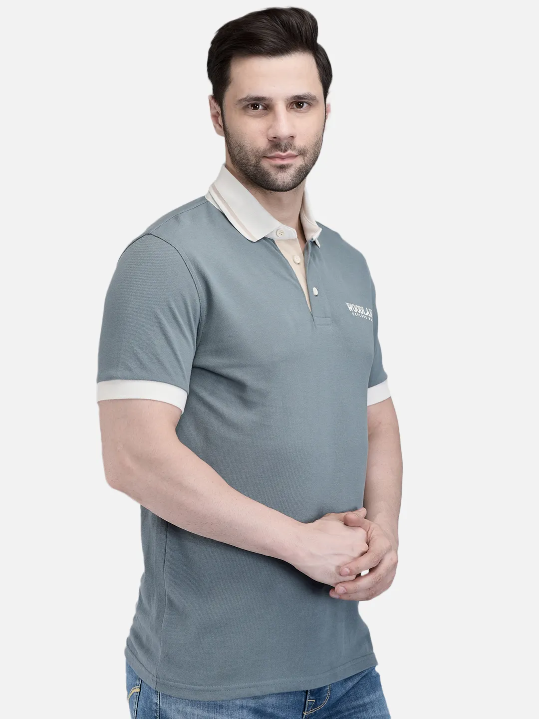 Woodland Men Grey Cotton Polo T-Shirt with Contrast Collar 3
