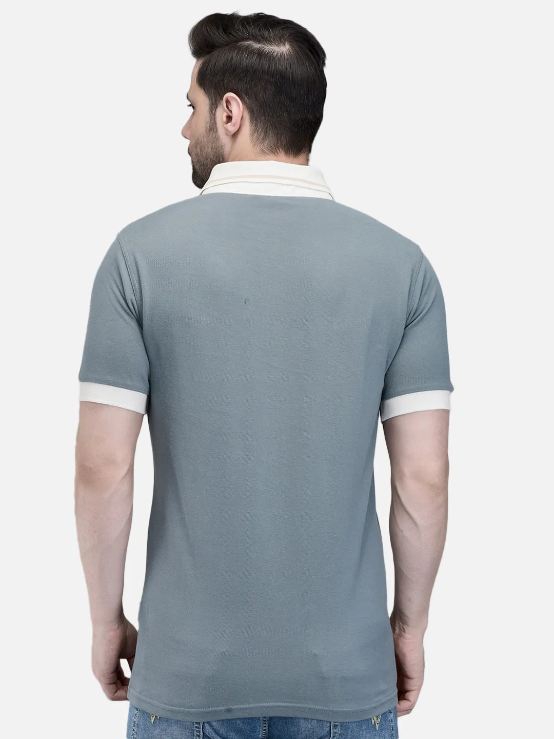 Woodland Men Grey Cotton Polo T-Shirt with Contrast Collar 6