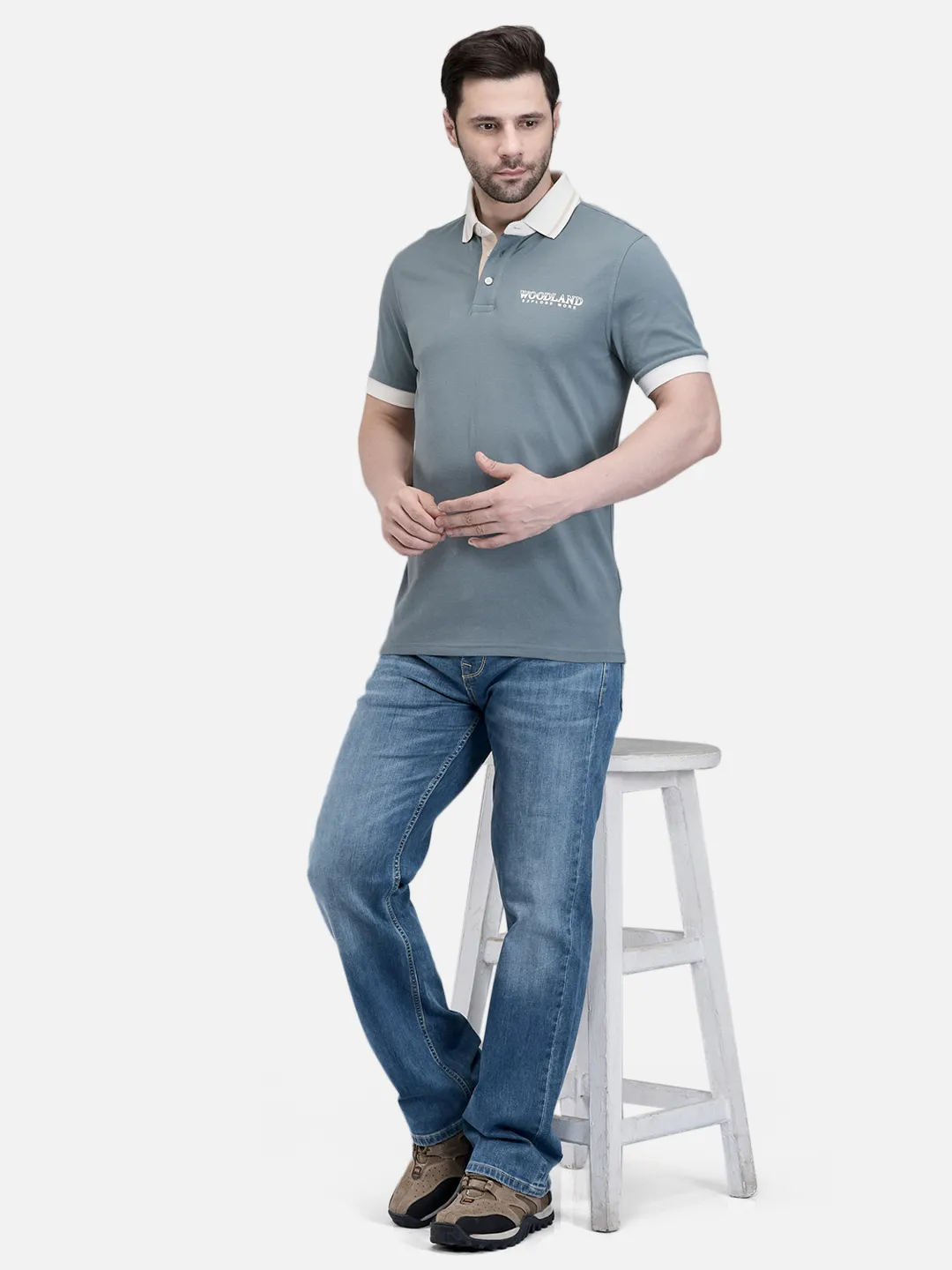 Woodland Men Grey Cotton Polo T-Shirt with Contrast Collar 7