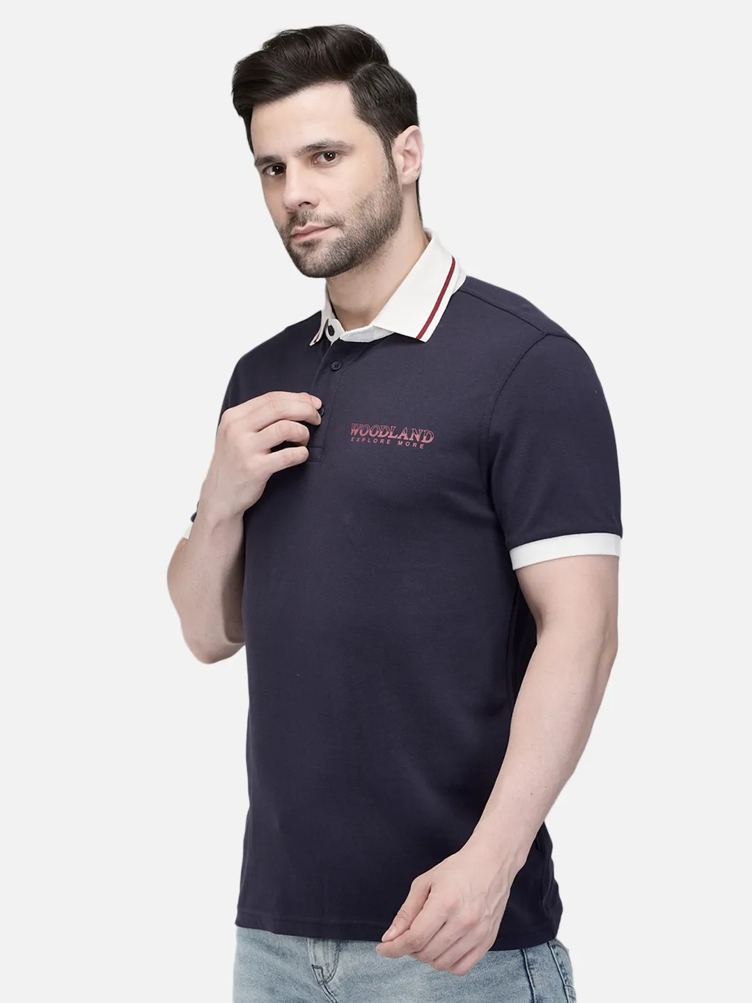 Woodland Men Navy Cotton Polo T-Shirt with Contrast Collar 2
