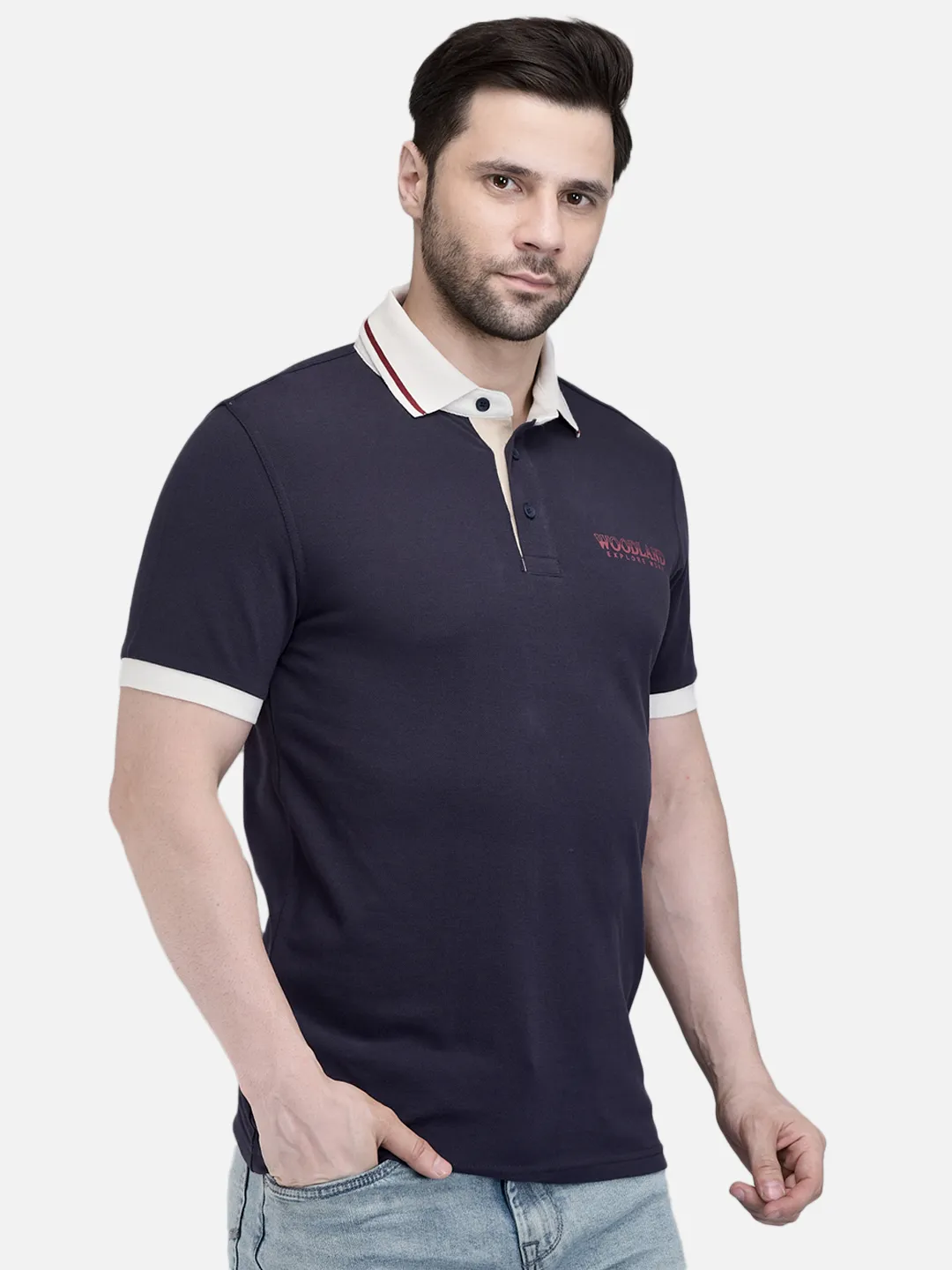 Woodland Men Navy Cotton Polo T-Shirt with Contrast Collar 3