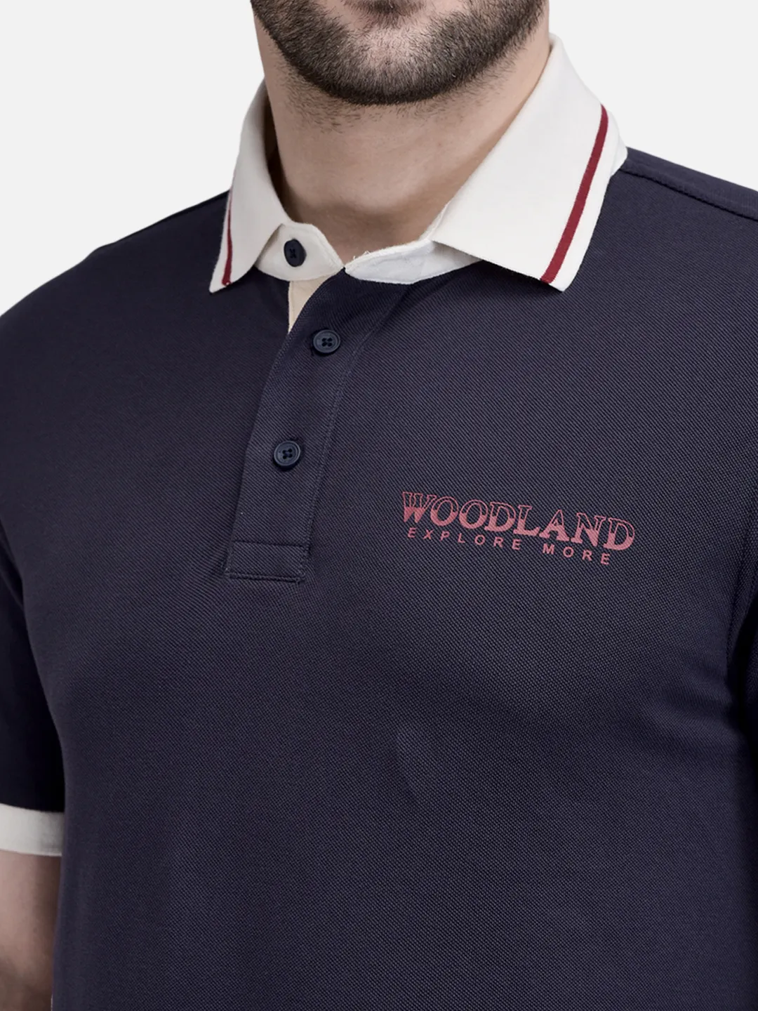 Woodland Men Navy Cotton Polo T-Shirt with Contrast Collar 4
