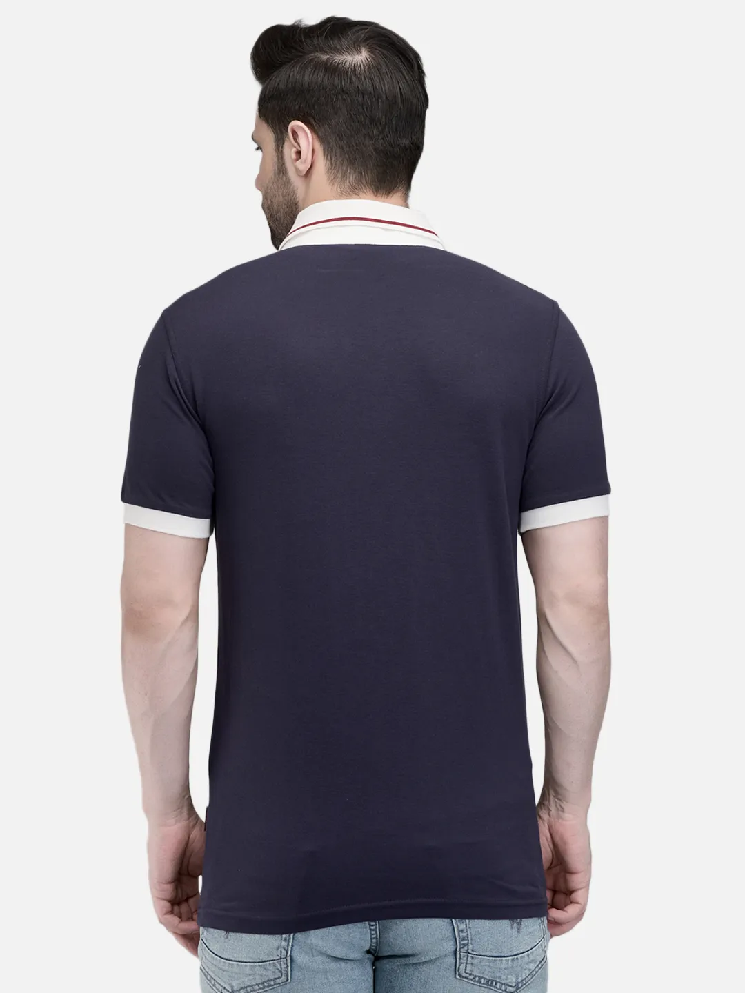 Woodland Men Navy Cotton Polo T-Shirt with Contrast Collar 6