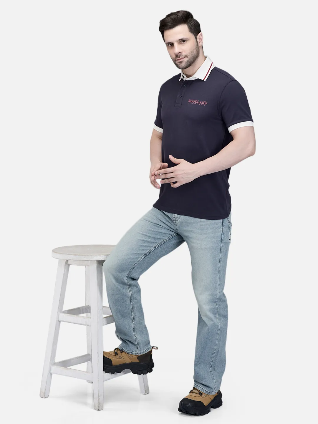 Woodland Men Navy Cotton Polo T-Shirt with Contrast Collar 7