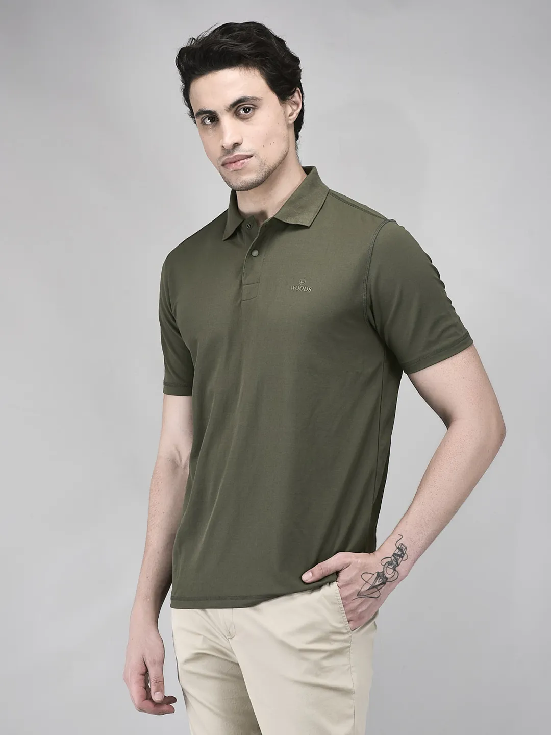 Men Olive Cotton Single Jersey Polo T-Shirt - Thumbnail 3