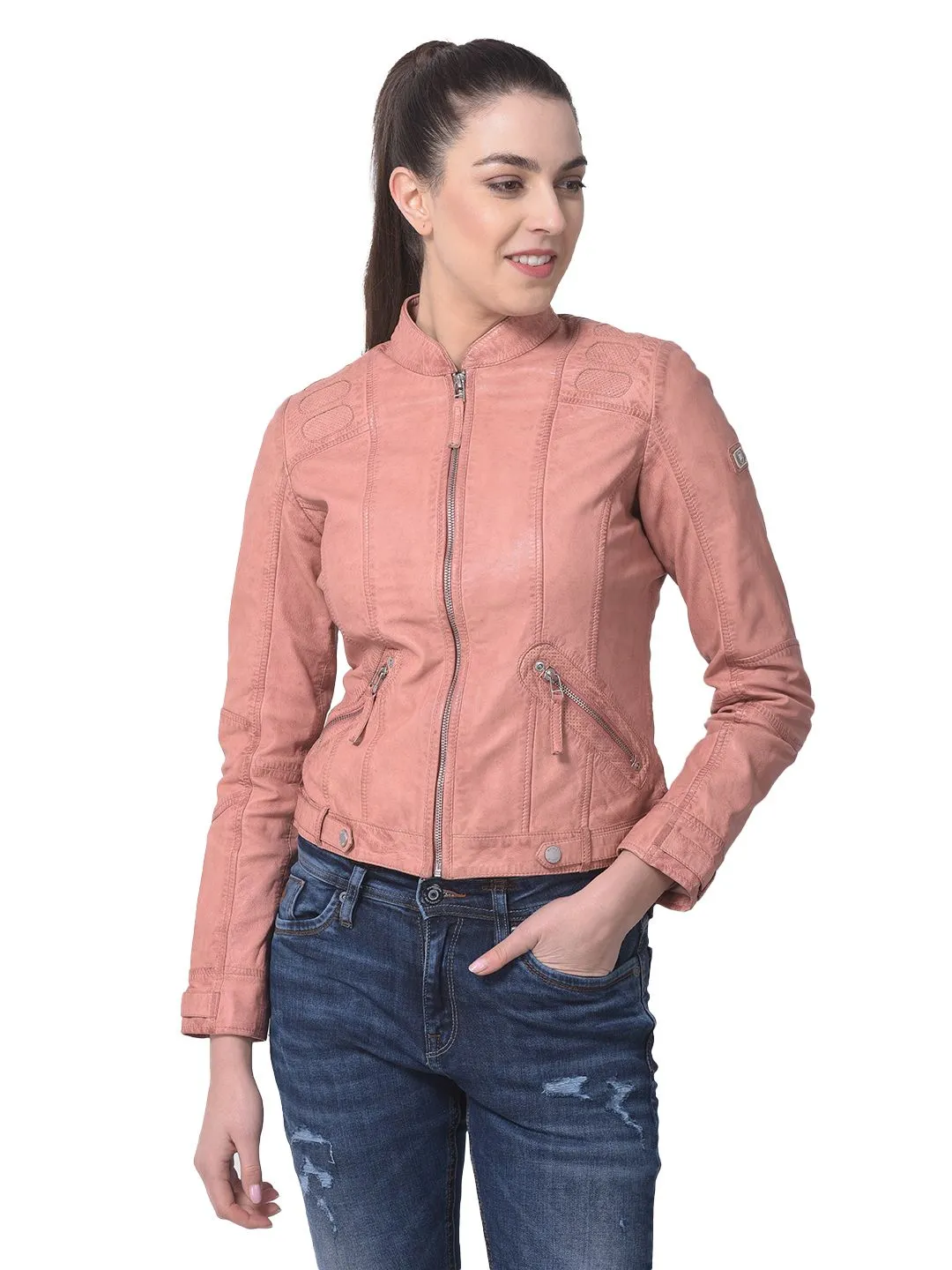 Peach leather jacket for women - Thumbnail 1