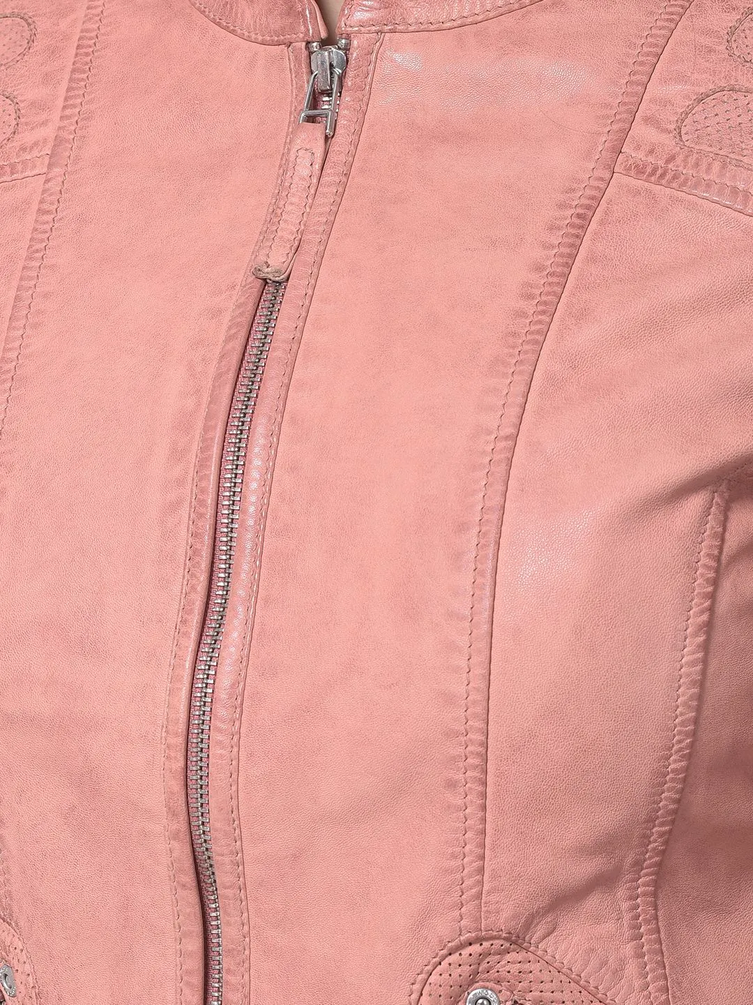 Peach leather jacket for women - Thumbnail 2