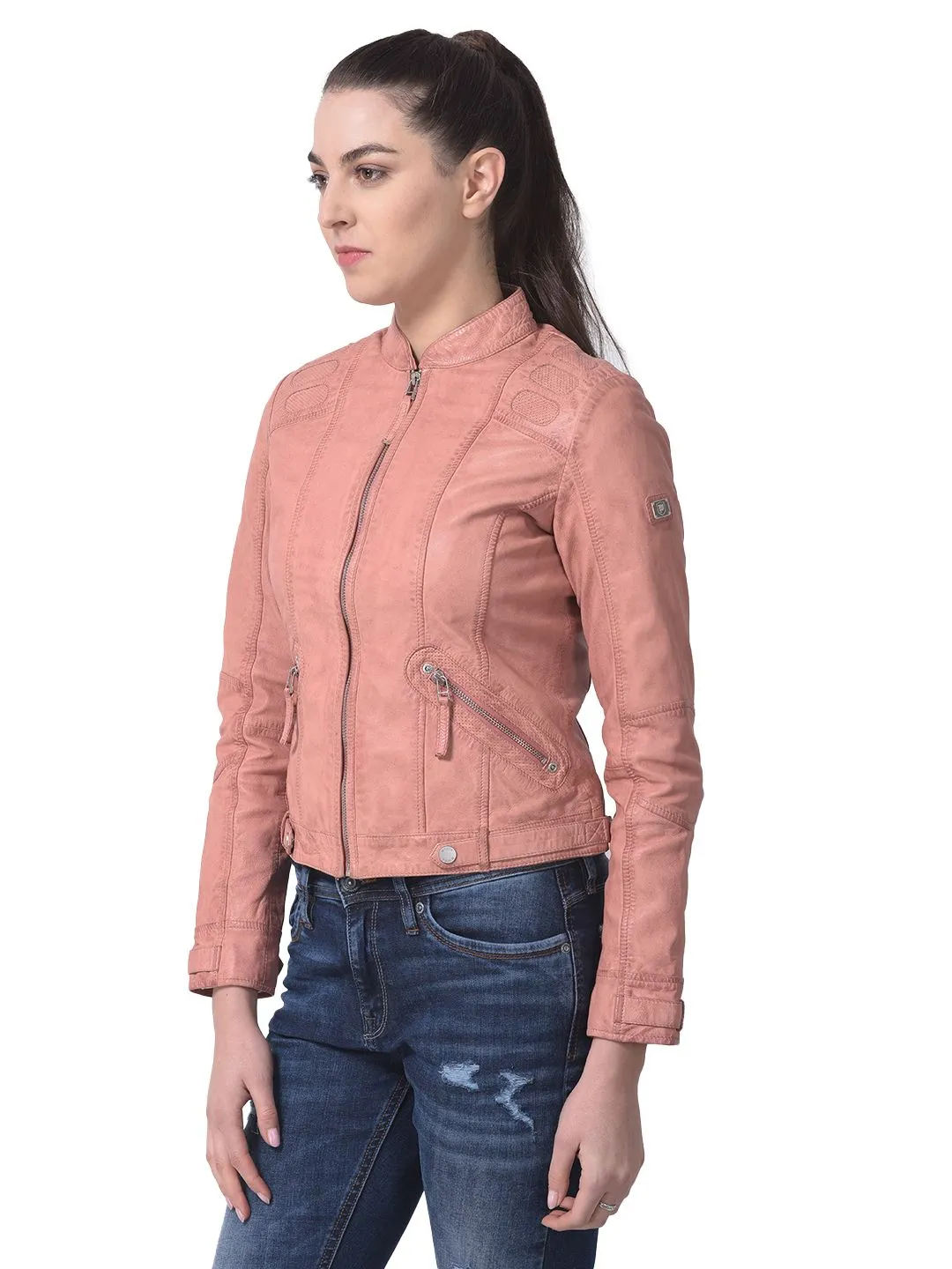 Peach leather jacket for women - Thumbnail 4