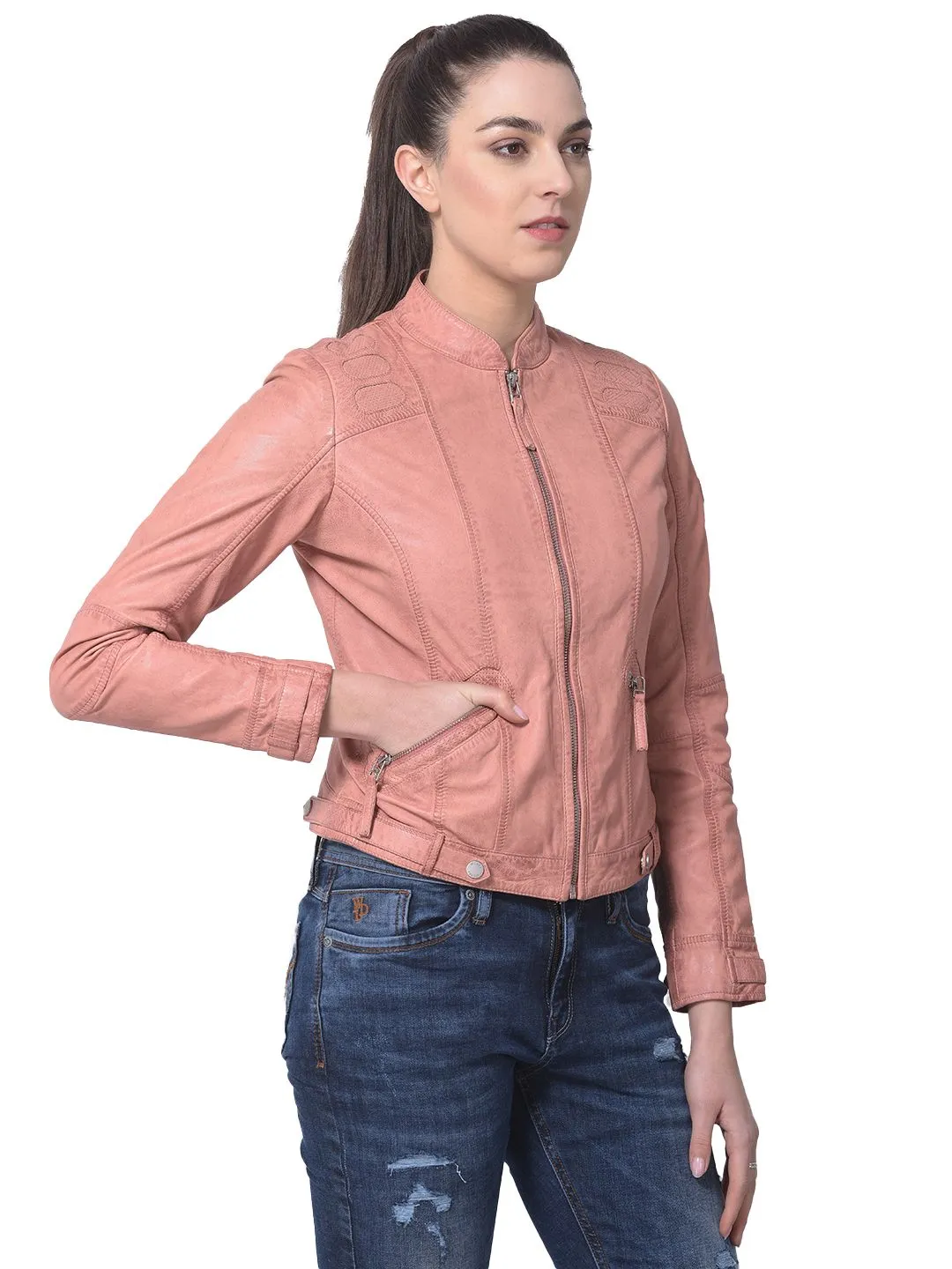 Peach leather jacket for women - Thumbnail 5