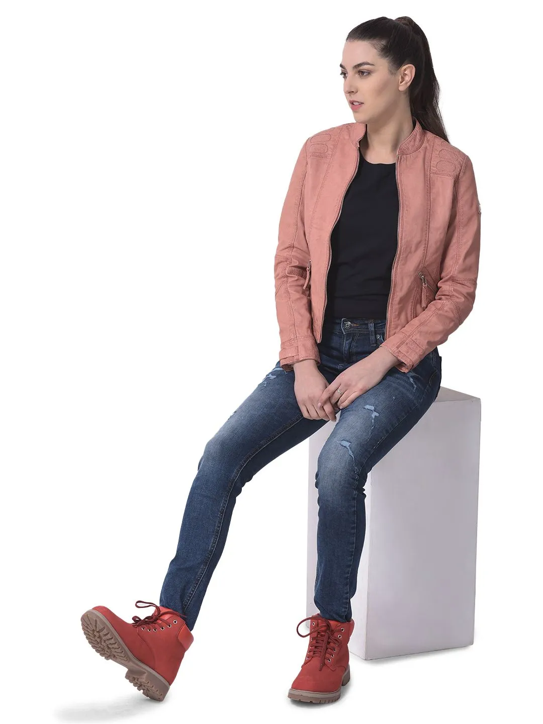 Peach leather jacket for women - Thumbnail 6