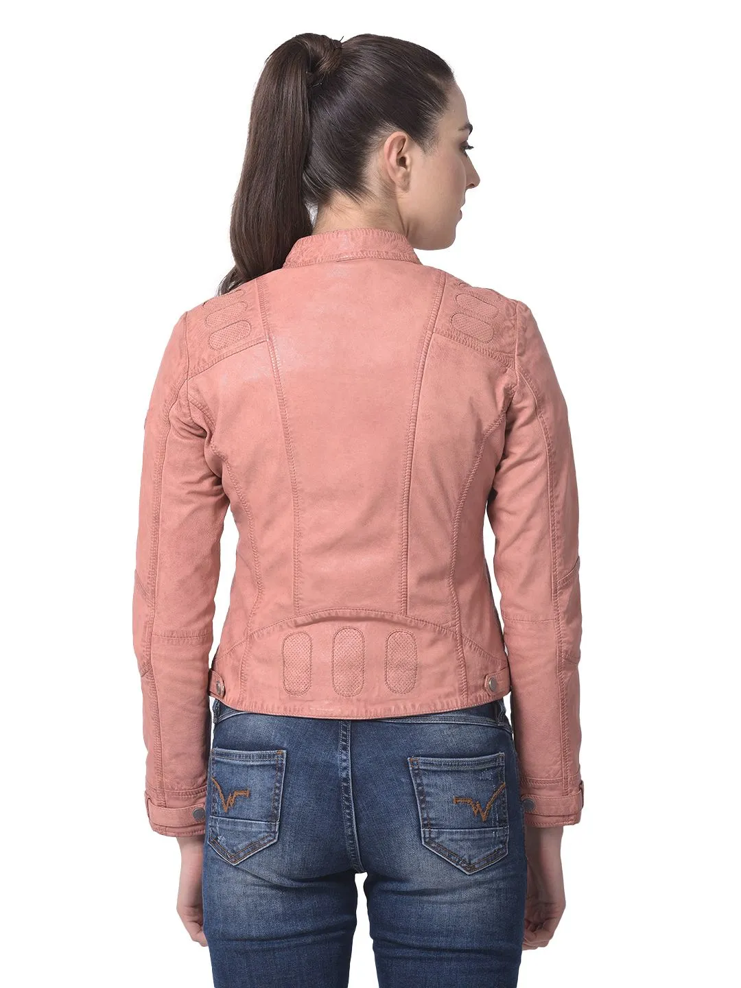 Peach leather jacket for women - Thumbnail 7