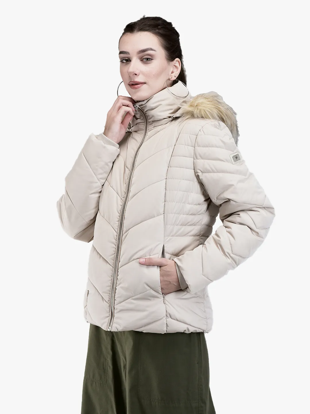 Ivory jacket with fur hood for ladies - Thumbnail 2