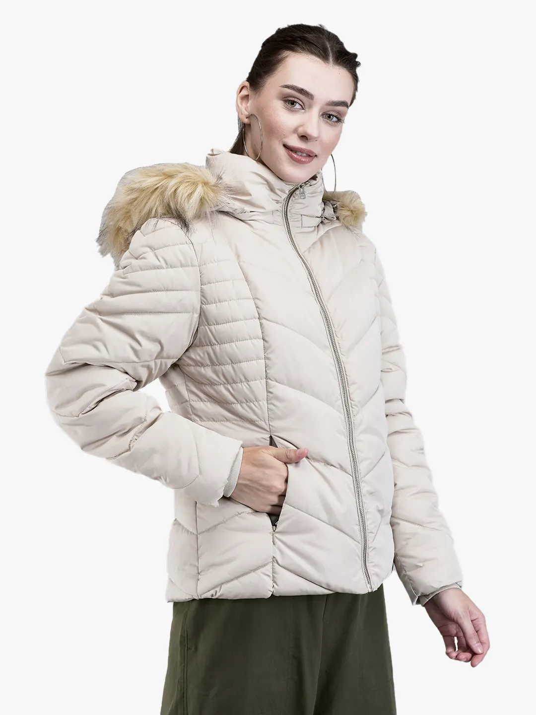 Ivory jacket with fur hood for ladies - Thumbnail 3