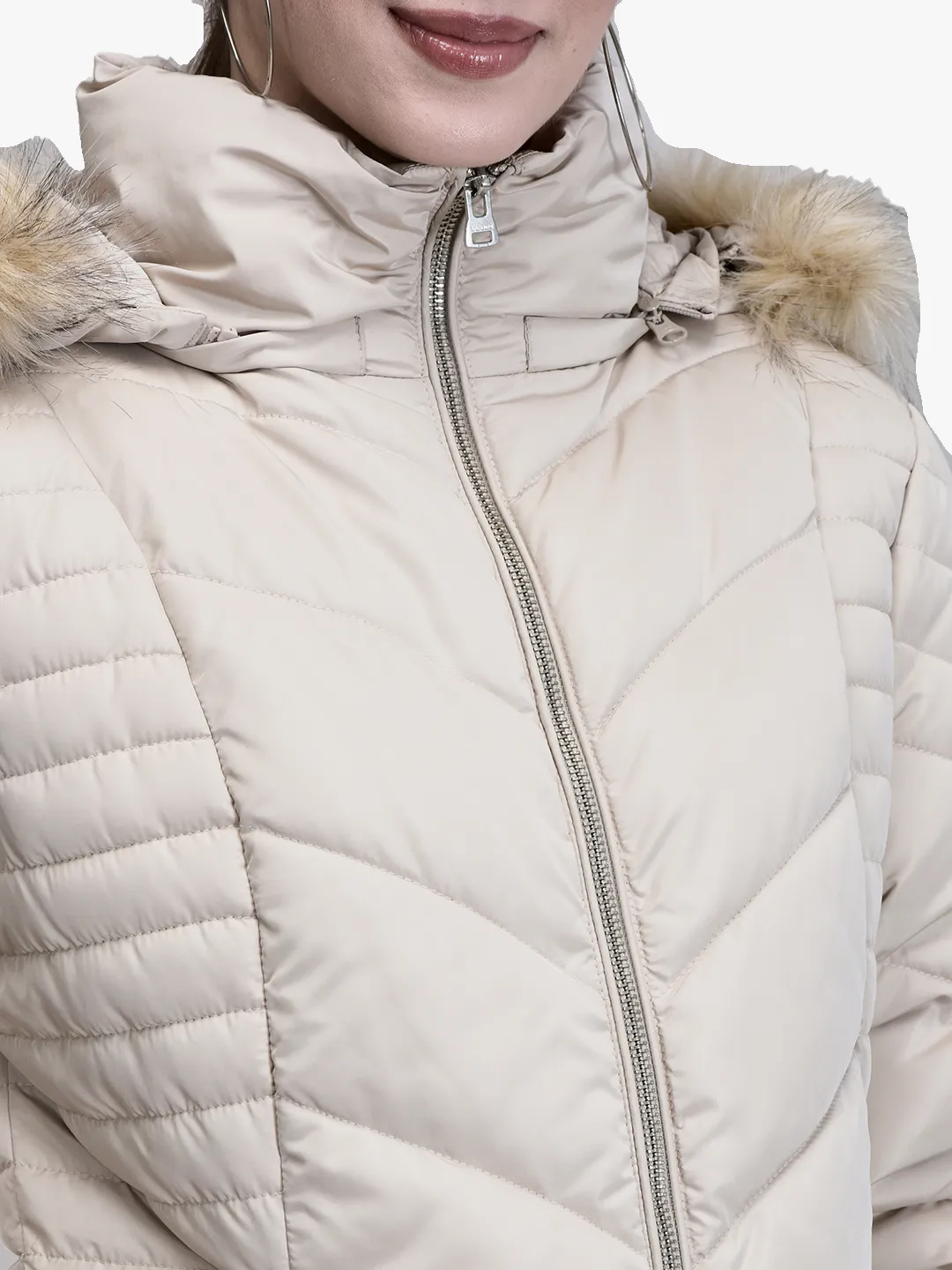 Ivory jacket with fur hood for ladies - Thumbnail 4