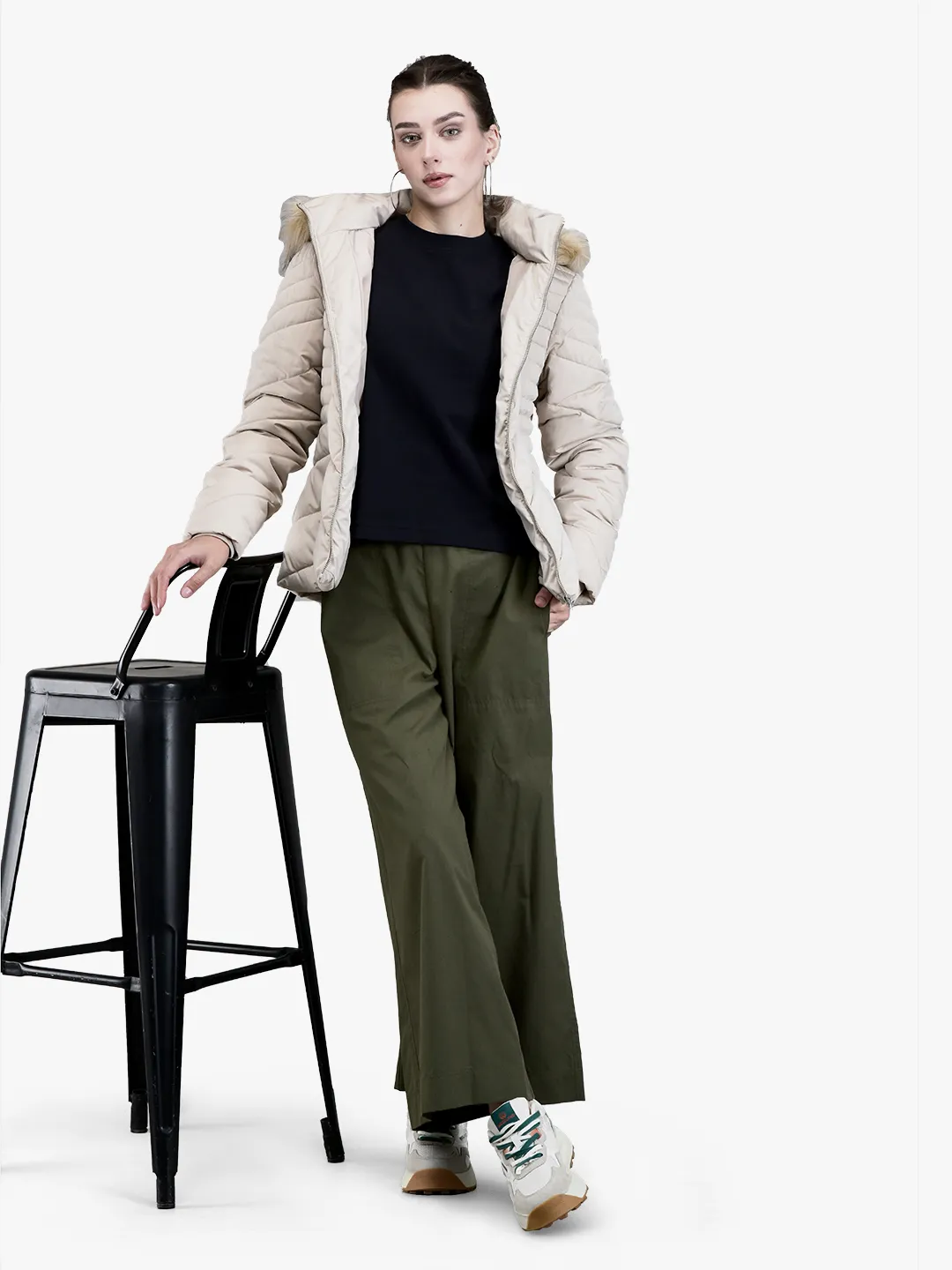 Ivory jacket with fur hood for ladies - Thumbnail 7