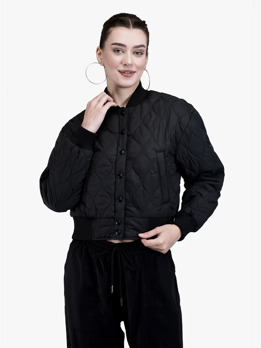 woods-ladies-black-quilted-bomber-jacket