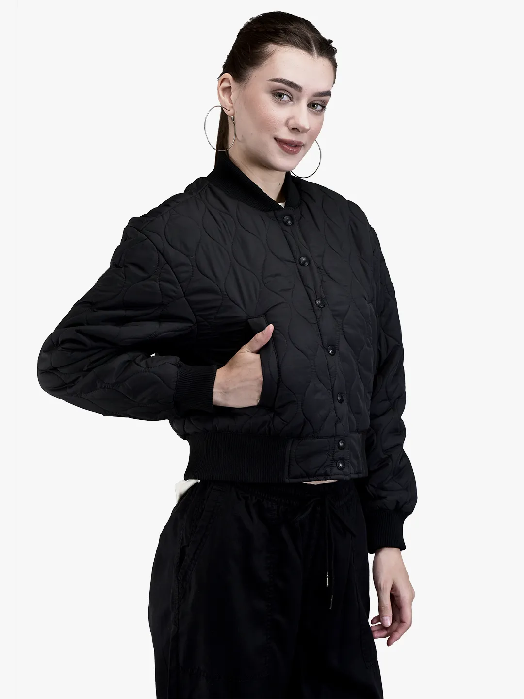 Woods Ladies Black Quilted Bomber Jacket - Thumbnail 3
